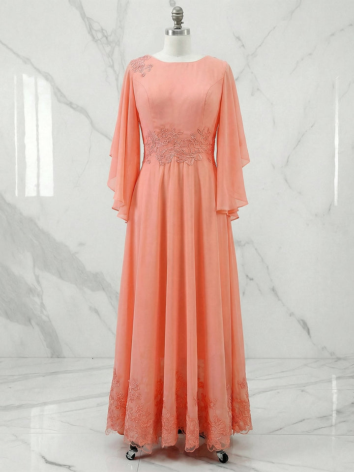 A-Line Scoop Neck Illusion Lace Chiffon Mother of the Bride Dress with Sequins and Ankle-Length Hem