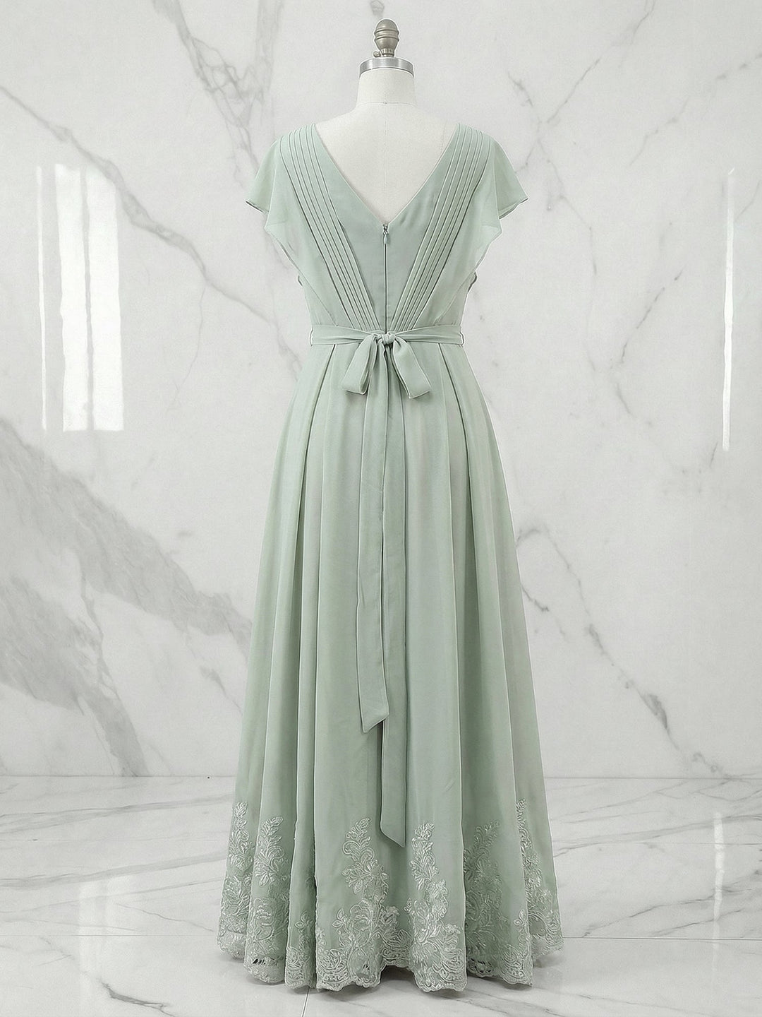 A Line V Neck Flutter Sleeve Ankle Length Chiffon Dress With Appliques