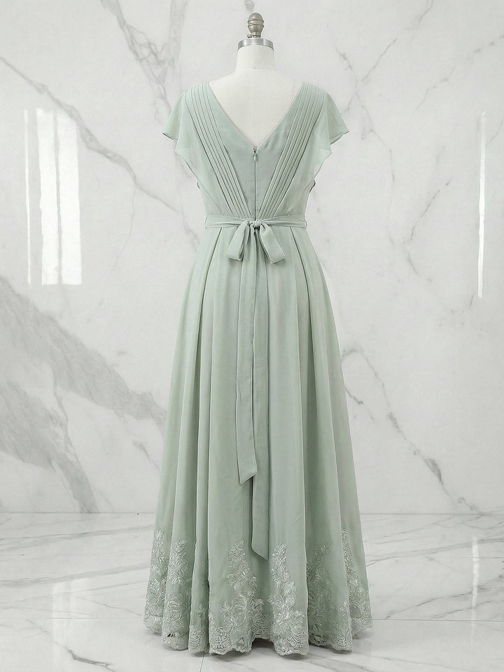 A-Line V-Neck Flutter Sleeve Chiffon Dress with Appliques and Ankle Length