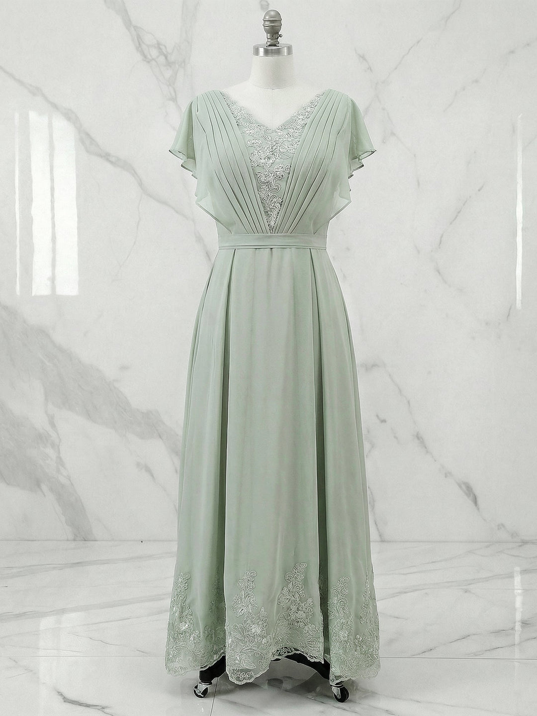 A Line V Neck Flutter Sleeve Ankle Length Chiffon Dress With Appliques