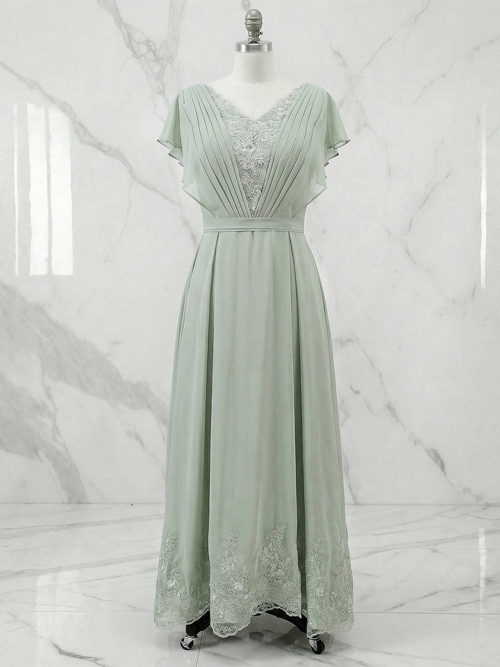 A-Line V-Neck Flutter Sleeve Chiffon Dress with Appliques and Ankle Length