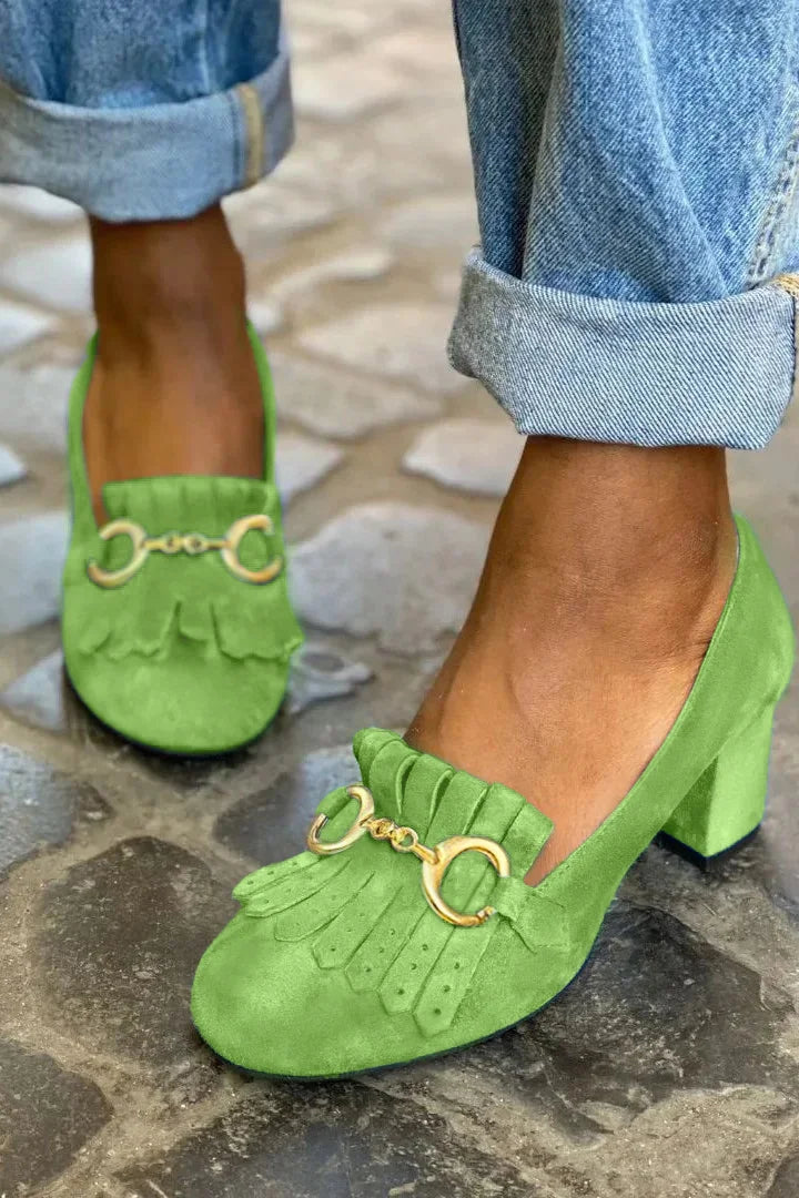 Nadine | Chunky Matte Round-Toe Buckle Fringe Heels