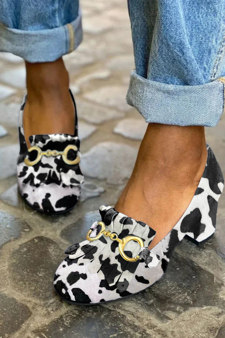 Nadine | Chunky Matte Round-Toe Buckle Fringe Heels