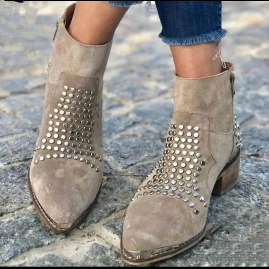 Emeline | Suede Chunky Pointed-Toe Studded Boots