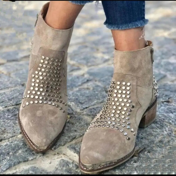 Emeline | Suede Chunky Pointed-Toe Studded Boots