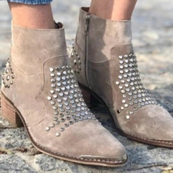 Emeline | Suede Chunky Pointed-Toe Studded Boots
