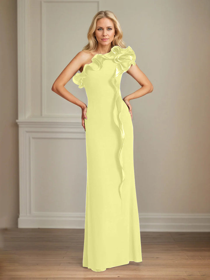 Navy Stretch Crepe One-Shoulder Sheath Dress with Ruffles – Floor-Length Mother of the Bride Gown