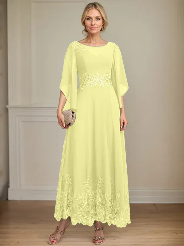 A-Line Scoop Neck Illusion Lace Chiffon Mother of the Bride Dress with Sequins and Ankle-Length Hem