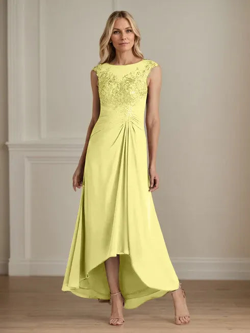 Champagne A-Line Lace and Chiffon Scoop Neck Dress