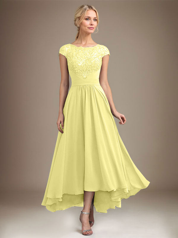 A-Line Scoop Neck Illusion Asymmetrical Lace Chiffon Mother of the Bride Dress with Pleats