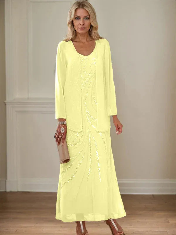 V-Neck Sheath/Mother of the Bride Ankle-Length Dress with Jacket & Sequins