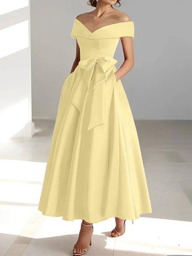 A-Line Off-the-Shoulder Sleeveless Ankle-Length Mother of the Bride Dress with Pockets