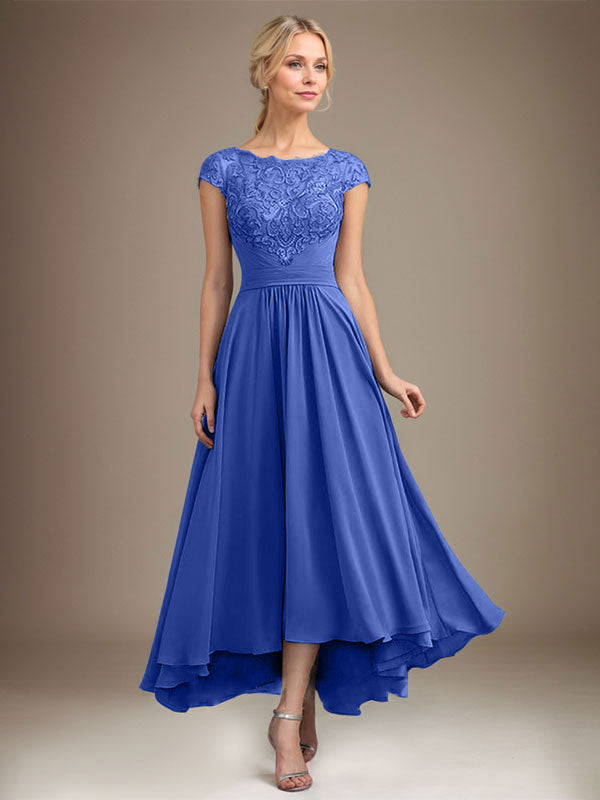A-Line Scoop Neck Illusion Asymmetrical Lace Chiffon Mother of the Bride Dress with Pleats