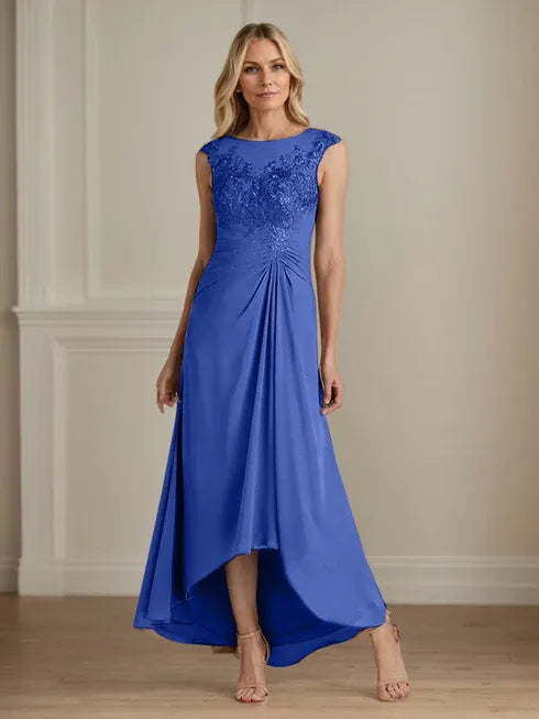 Champagne A-Line Lace and Chiffon Scoop Neck Dress