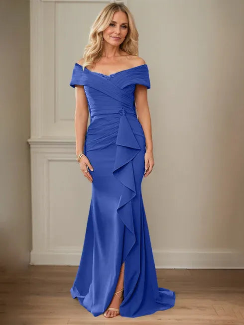 Floor-Length Lace and Chiffon Mother of the Bride Dress with Sheath/Column V-Neck Illusion and Pleated Sequins
