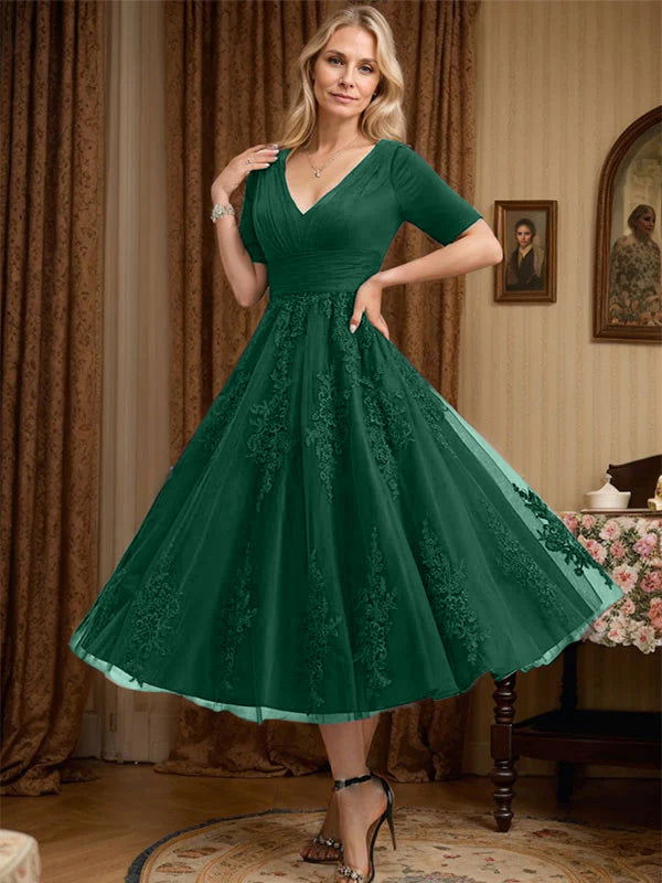 A-Line V-Neck Tea-Length Tulle Lace Mother of the Bride Dress with Pleats
