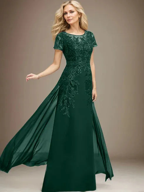 Floor-Length Lace Chiffon Mother of the Bride Dress with Sheath/Column Scoop Illusion and Sequins