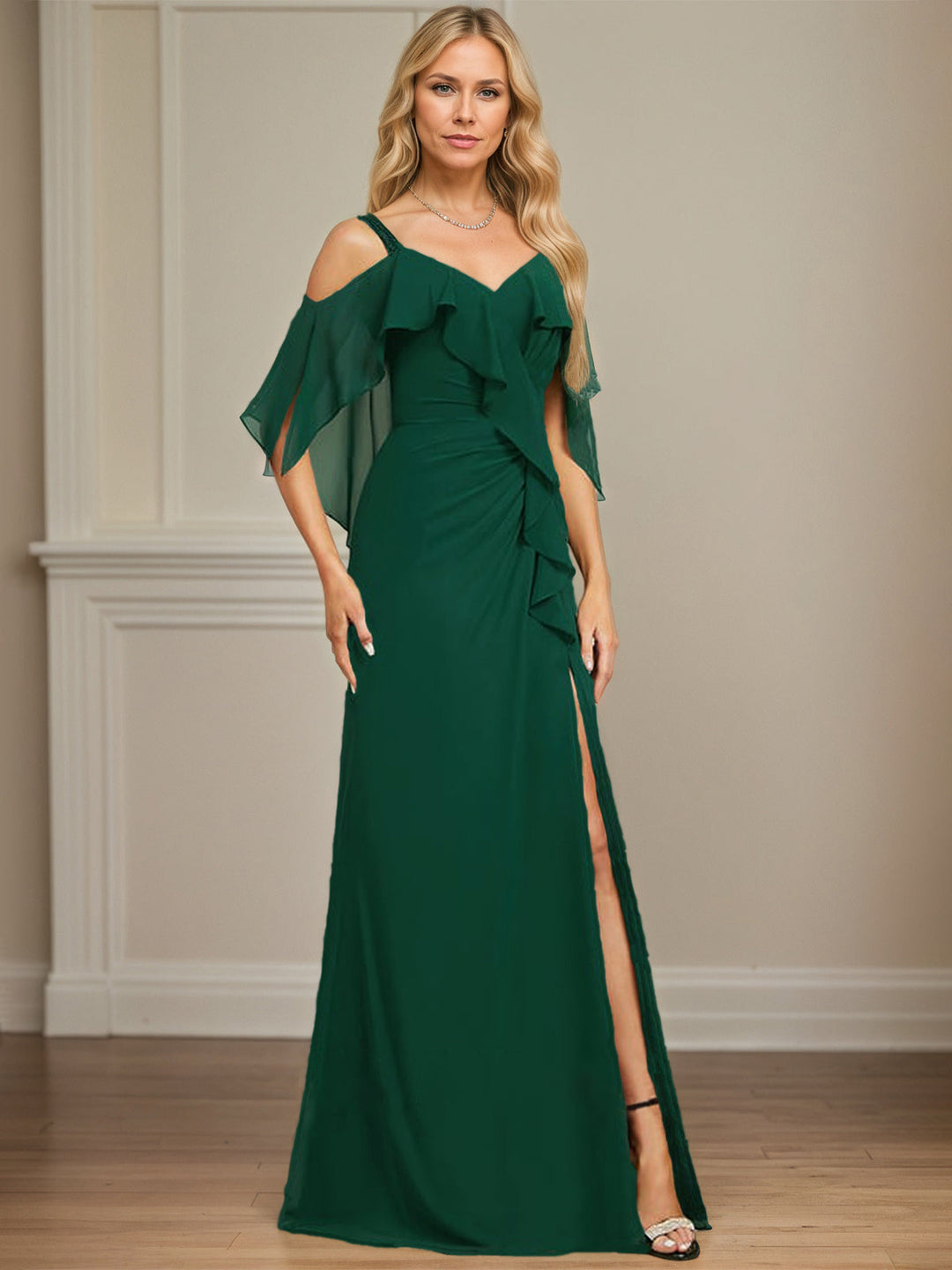 Sheath/Column Cold Shoulder V-Neck Floor-Length Chiffon Dress with Cascading Ruffles, Sequins, and Beading