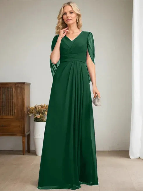 Dark Navy A-Line V-Neck Long Mother of the Bride Dress