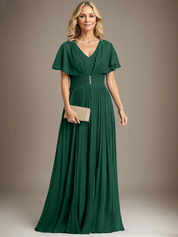 A-Line V-Neck Floor-Length Chiffon Mother of the Bride Dress with Crystal Brooch and Pleated Design
