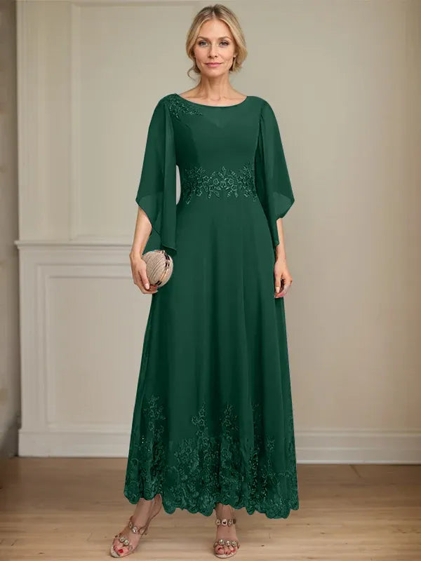 A-Line Scoop Neck Illusion Lace Chiffon Mother of the Bride Dress with Sequins and Ankle-Length Hem