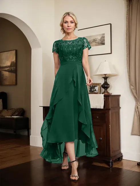 A-Line Scoop Neck Illusion Asymmetrical Chiffon Lace Mother of the Bride Dress with Bow, Ruffle, and Sequins