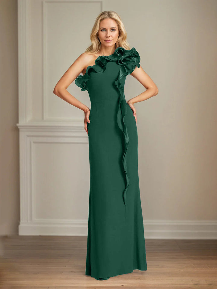 Navy Stretch Crepe One-Shoulder Sheath Dress with Ruffles – Floor-Length Mother of the Bride Gown