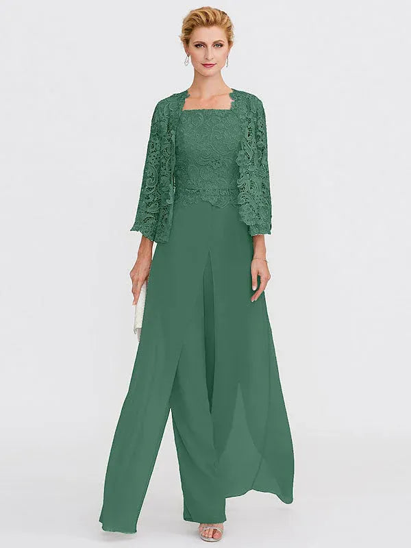 3-Piece Chiffon Square Neck Mother of the Bride Pantsuit Set with Jacket