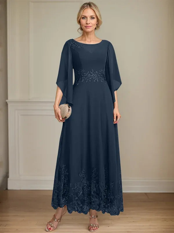 A-Line Scoop Neck Illusion Lace Chiffon Mother of the Bride Dress with Sequins and Ankle-Length Hem