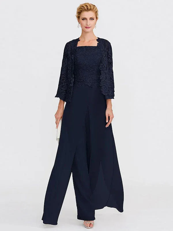 3-Piece Chiffon Square Neck Mother of the Bride Pantsuit Set with Jacket