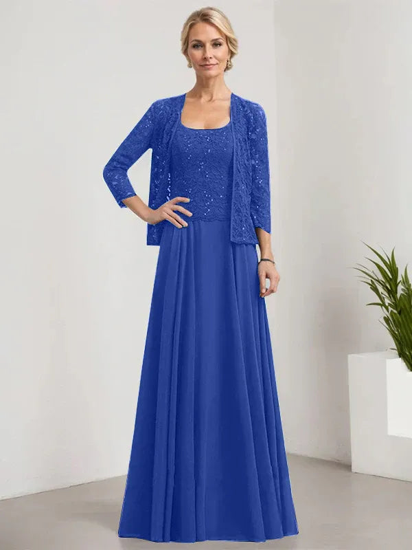 A-Line Square Neck Floor-Length Lace and Chiffon Mother of the Bride Dress with Sequins