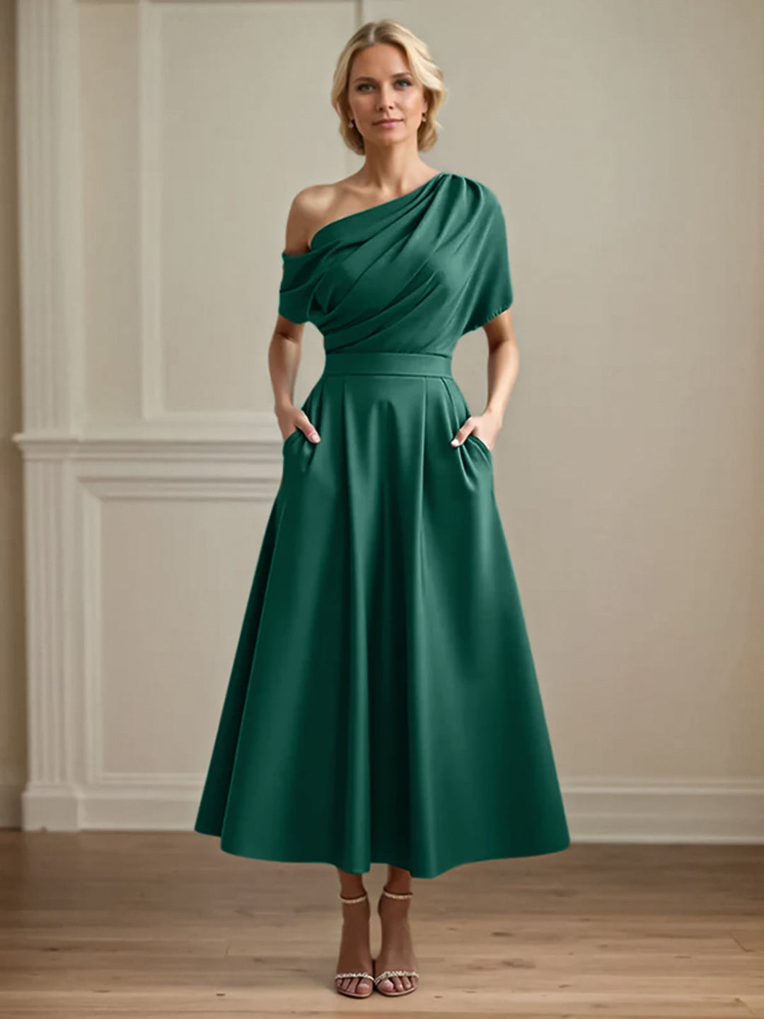 One-Shoulder Satin A-Line Pleated Ankle-Length Mother of the Bride Dress