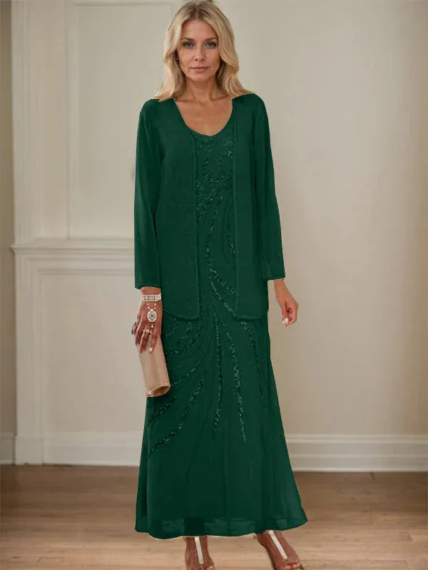 V-Neck Sheath/Mother of the Bride Ankle-Length Dress with Jacket & Sequins