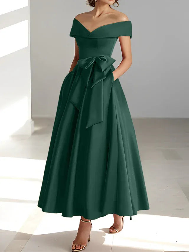 A-Line Off-the-Shoulder Sleeveless Ankle-Length Mother of the Bride Dress with Pockets