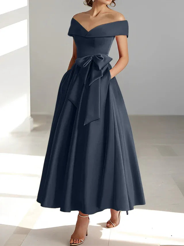 A-Line Off-the-Shoulder Sleeveless Ankle-Length Mother of the Bride Dress with Pockets
