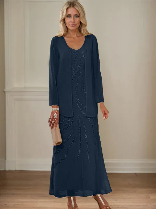 V-Neck Sheath/Mother of the Bride Ankle-Length Dress with Jacket & Sequins