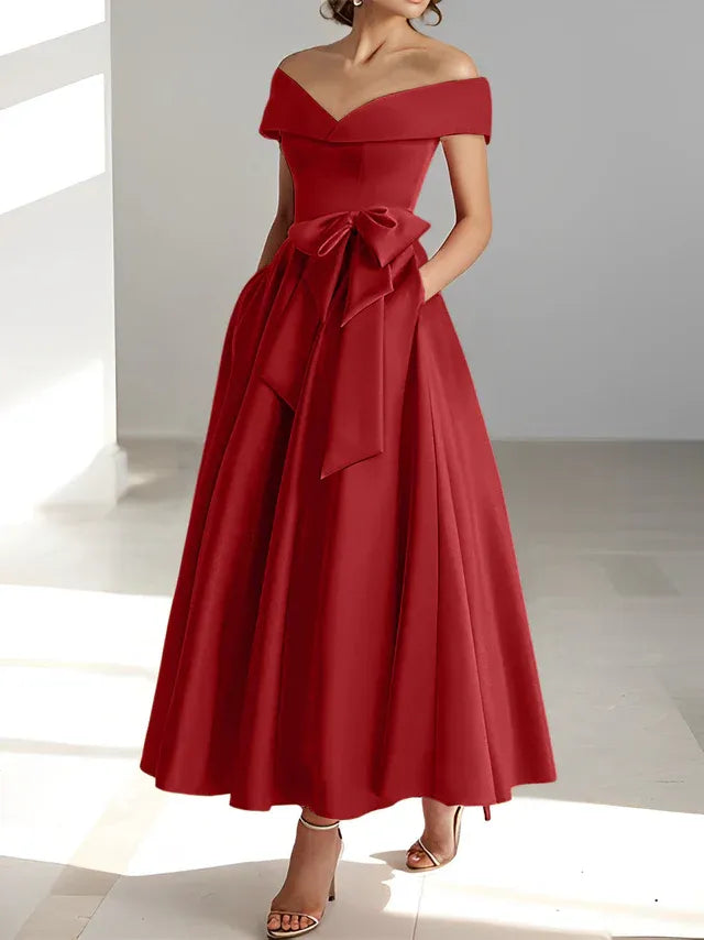 A-Line Off-the-Shoulder Sleeveless Ankle-Length Mother of the Bride Dress with Pockets