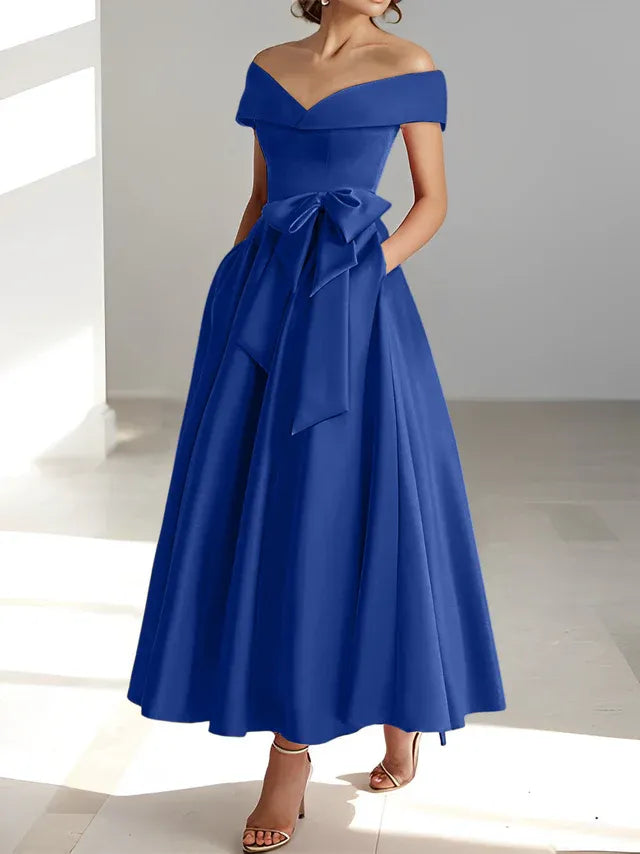 A-Line Off-the-Shoulder Sleeveless Ankle-Length Mother of the Bride Dress with Pockets