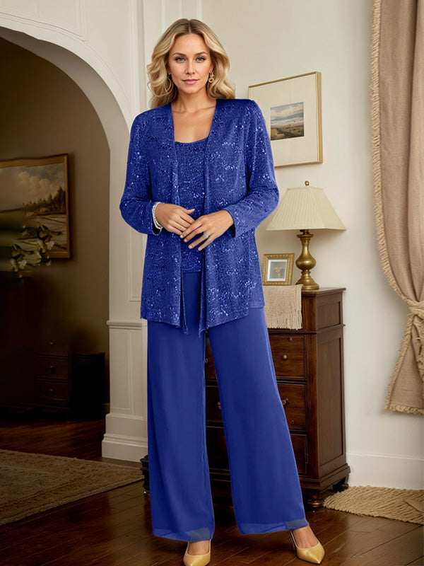 Chiffon Mother of the Bride Pantsuit Set with Jacket and Sequins