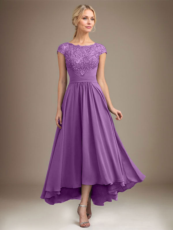A-Line Scoop Neck Illusion Asymmetrical Lace Chiffon Mother of the Bride Dress with Pleats
