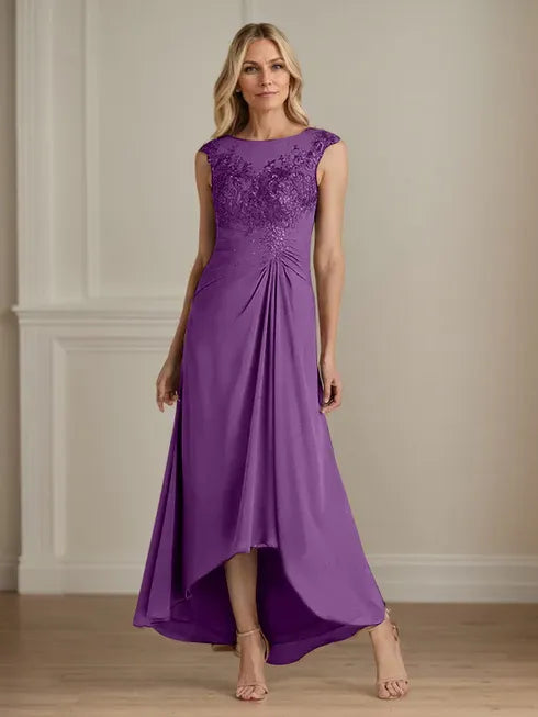 Champagne A-Line Lace and Chiffon Scoop Neck Dress