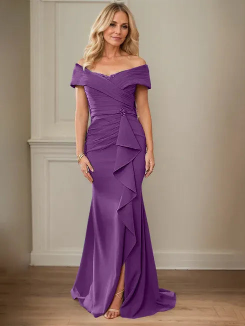 Floor-Length Lace and Chiffon Mother of the Bride Dress with Sheath/Column V-Neck Illusion and Pleated Sequins