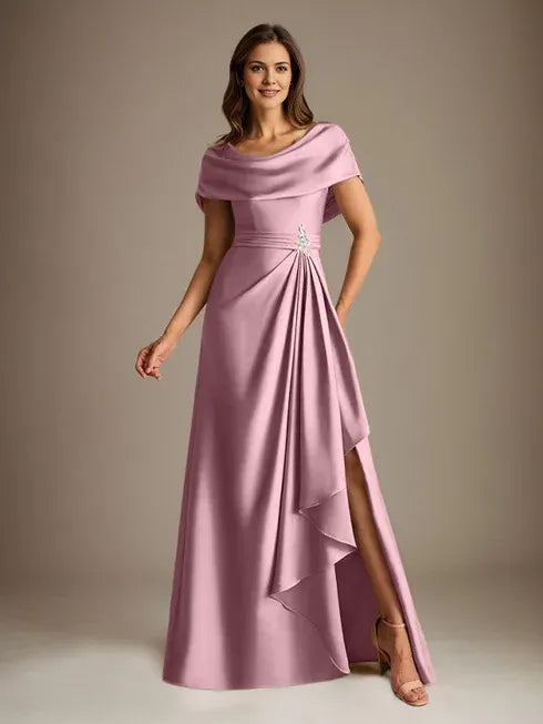 A-Line Scoop Neck Floor-Length Stretch Satin Mother of the Bride Dress with Cascading Ruffles