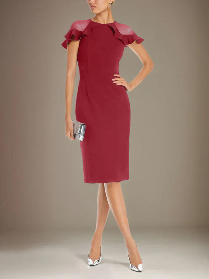Sheath Dress with Column Stretch Crepe, Scoop Neck, Short Sleeves, Knee Length