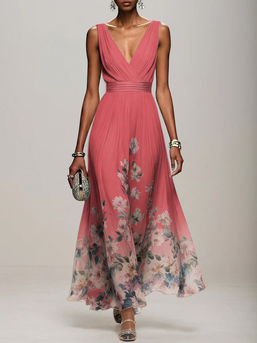 Light Blue Floral Chiffon V-Neck Sleeveless A-Line Maxi Dress