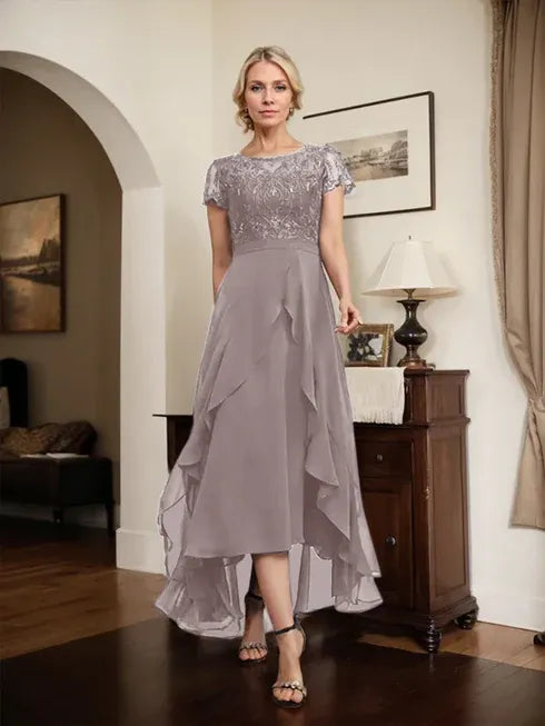 A-Line Scoop Neck Illusion Asymmetrical Chiffon Lace Mother of the Bride Dress with Bow, Ruffle, and Sequins