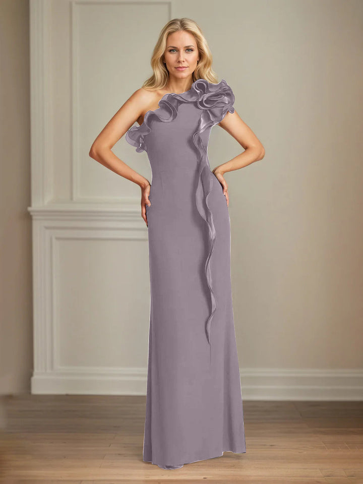 Navy Stretch Crepe One-Shoulder Sheath Dress with Ruffles – Floor-Length Mother of the Bride Gown
