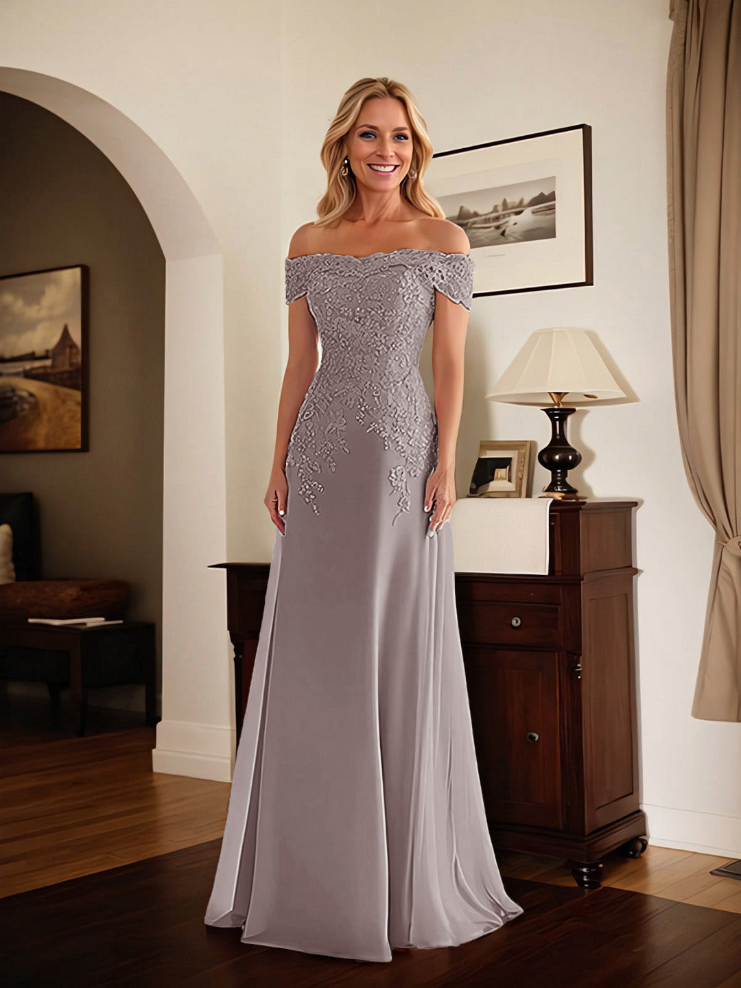 Elegant Taupe Off-the-Shoulder Lace Sheath Dress for Mother of the Bride