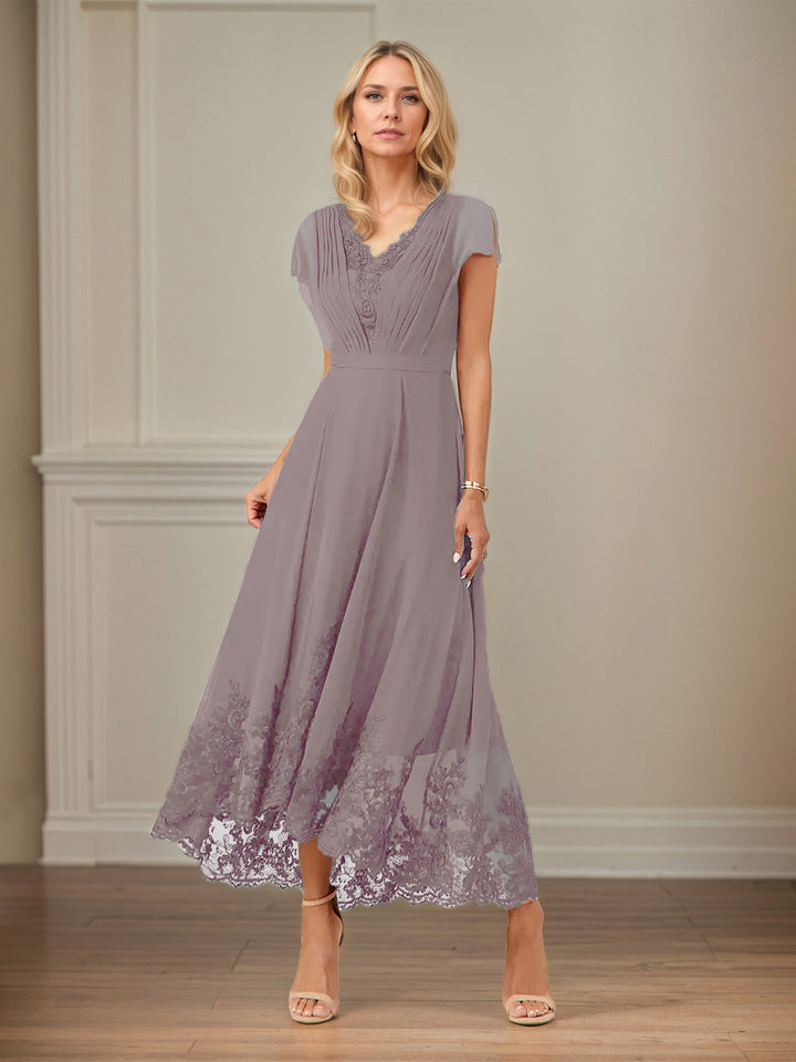 A-Line V-Neck Flutter Sleeve Chiffon Dress with Appliques and Ankle Length