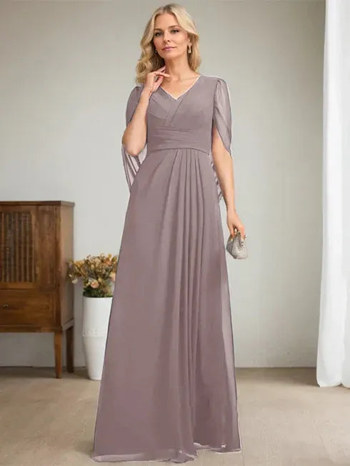 Dark Navy A-Line V-Neck Long Mother of the Bride Dress